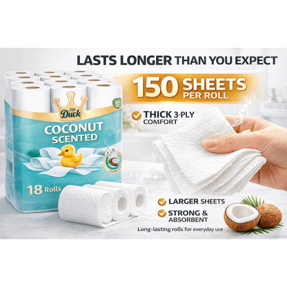 Coconut Scented Toilet Rolls 18 Pack – Soft Strong 3 Ply Toilet Paper with Fresh Fragrance for Home Bathrooms | Absorbent & Gentle, Everyday Value Bulk Pack