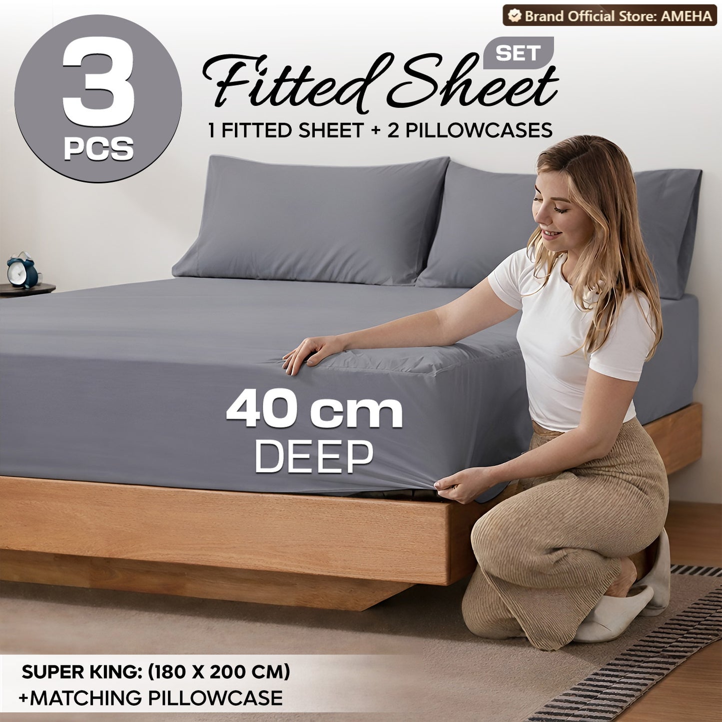 3pcs 40cm Extra Deep Fitted Sheet – Solid Color Soft & Comfortable Bed Sheet with 2pcs Matching Pillowcases, Breathable Fabric Soft Brushed Microfiber Bedding, Machine Washable for Home Bedroom, Hotel