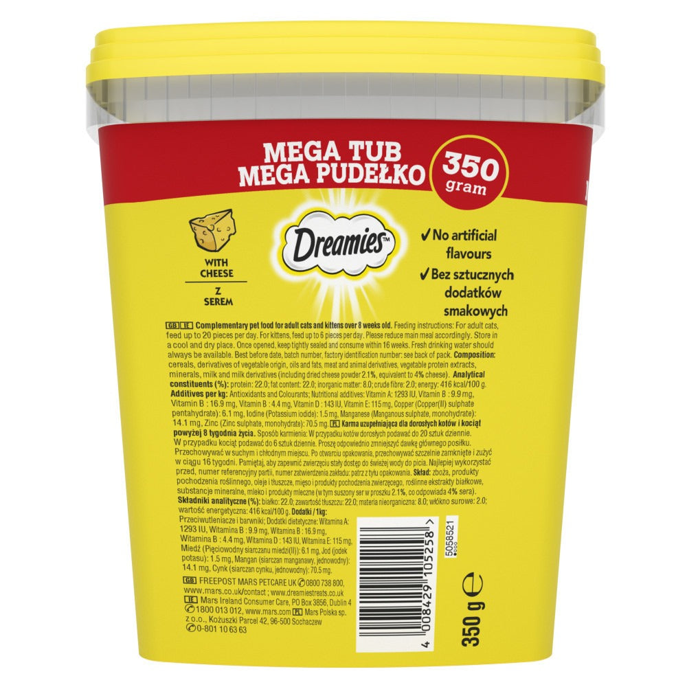 Dreamies Cat Treats Cheese Mega Tubs 4 x 350g (1.4kg) – Dual Texture Crunchy & Soft Adult Cat Biscuits with Vitamins, Under 2kcal Per Treat, No Artificial Flavours