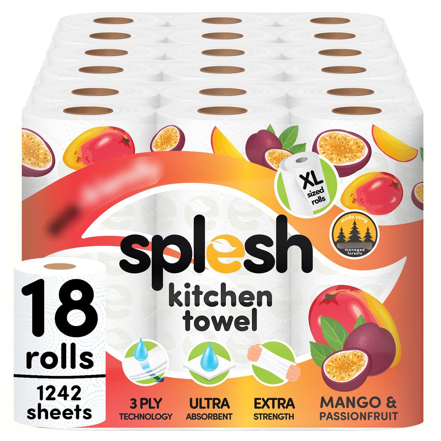Splesh Culina Kitchen Towel - Mango & Passionfruit scented 3 Ply Ultra Absorbent Household XL Roll, 18 Rolls