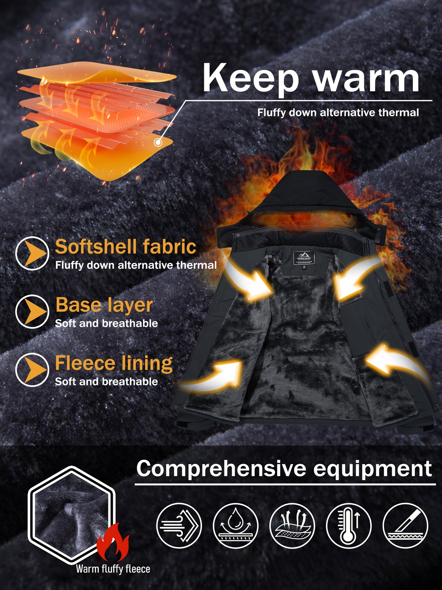 Men'S Ski Jacket Winter Warm Fleece Lined Coats Outdoor Snowboard Thermal Hiking Parka Chest Pockets Hooded Jogging Camping Fishing Climbing Casual Windbreaker