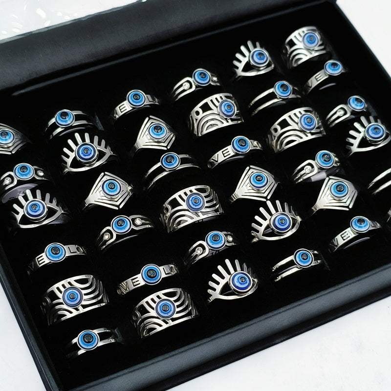 10/20/30/50pcs/Lot Vintage Stainless Steel Devil'S Eye Rings for Men And Women Wholesale Mix Design Blue Eyes Geometric Fashion Jewelry Mixed Model Random Shipment Without Box Opp Bag