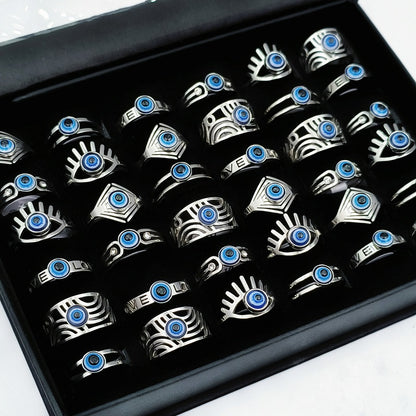 10/20/30/50pcs/Lot Vintage Stainless Steel Devil'S Eye Rings for Men And Women Wholesale Mix Design Blue Eyes Geometric Fashion Jewelry Mixed Model Random Shipment Without Box Opp Bag