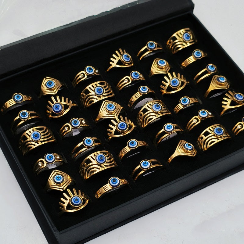 10/20/30/50pcs/Lot Vintage Stainless Steel Devil'S Eye Rings for Men And Women Wholesale Mix Design Blue Eyes Geometric Fashion Jewelry Mixed Model Random Shipment Without Box Opp Bag