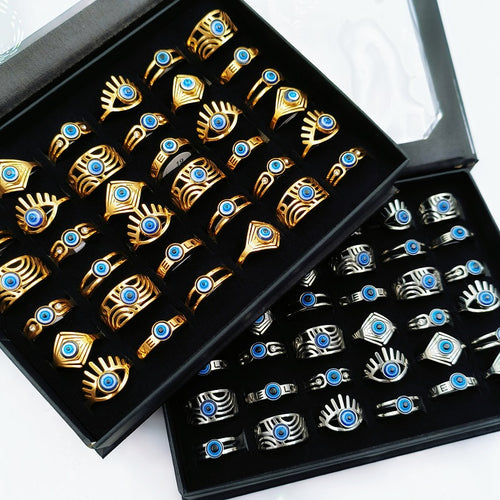 10/20/30/50pcs/Lot Vintage Stainless Steel Devil'S Eye Rings for Men And Women Wholesale Mix Design Blue Eyes Geometric Fashion Jewelry Mixed Model Random Shipment Without Box Opp Bag