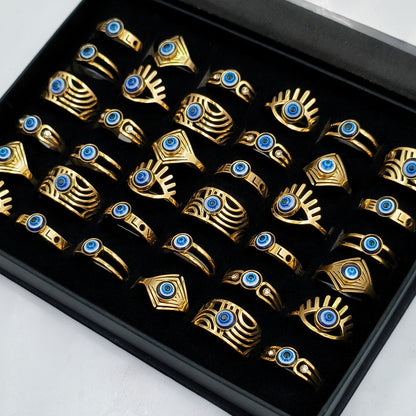 10/20/30/50pcs/Lot Vintage Stainless Steel Devil'S Eye Rings for Men And Women Wholesale Mix Design Blue Eyes Geometric Fashion Jewelry Mixed Model Random Shipment Without Box Opp Bag