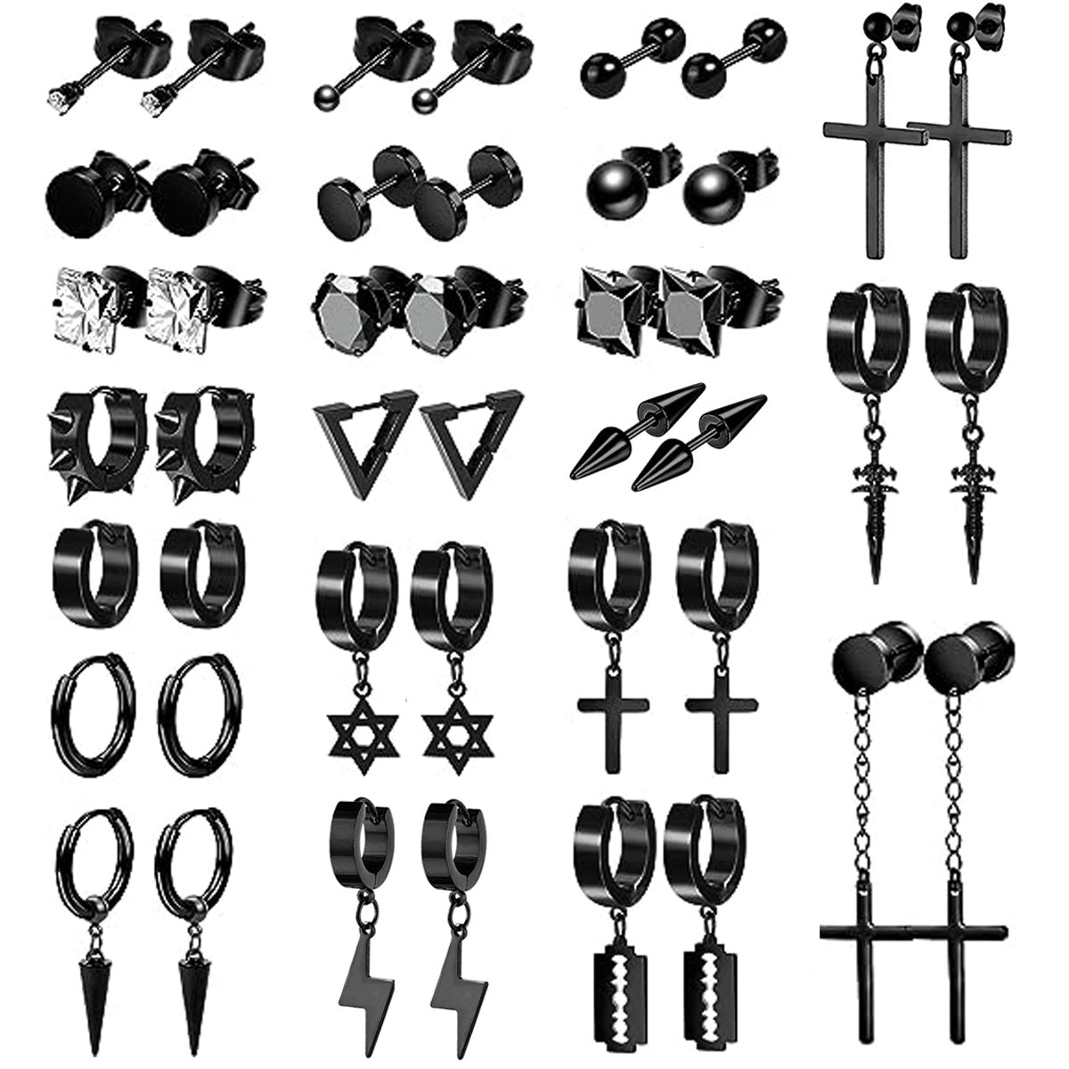 22 Pairs Set Black Earrings for Men,Stainless Steel Small Huggie Hoop Earrings Mens Cross Earrings Stud Earrings Set, Fashion Piercing Jewelry for Party Birthday