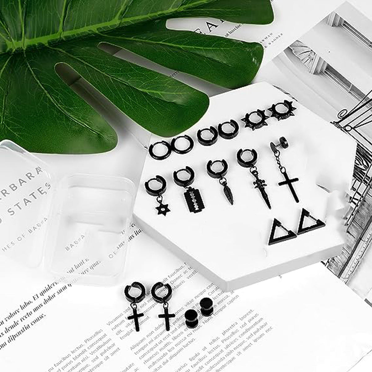 22 Pairs Set Black Earrings for Men,Stainless Steel Small Huggie Hoop Earrings Mens Cross Earrings Stud Earrings Set, Fashion Piercing Jewelry for Party Birthday