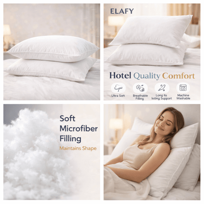 ELAFY Duck Feather & Down Microfiber Pillows Pack of 1 & 2 & 4 – Hotel Quality Ultra Soft & Fluffy Bed Pillows, Hypoallergenic, Breathable & Machine Washable, High Loft Support Pillow Set for Home & Bedroom from Local Warehouse