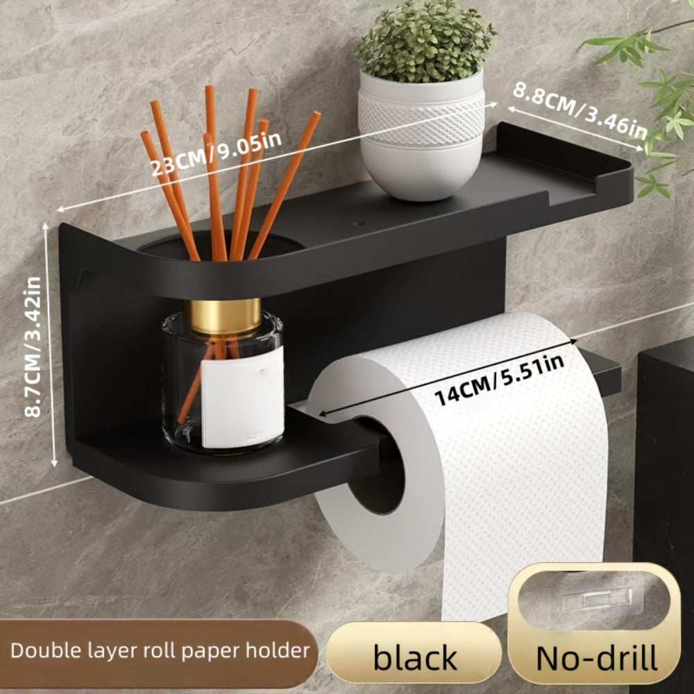 Wall-Mounted Toilet Paper Holder With Storage Shelf, No Drill Adhesive Installation, Bathroom Organizer - Space-Saving Tissue Roll Dispenser For Home Or Hotel Use