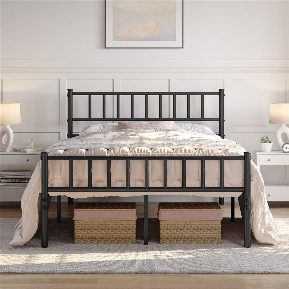 Slatted Headboard Metal Bed Frame Single & Double – 32cm Under-Bed Storage, 204kg Load, No Box Spring Needed, Easy Assembly | Black White Pink Silver