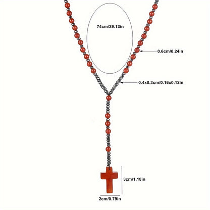 Natural Stone Round Beads - Pink Quartz, Map Stone, Sage Stone, Red Agate Beaded Cross Pendant Necklace for Men and Women, Long Chain Sweater Chain, Gift