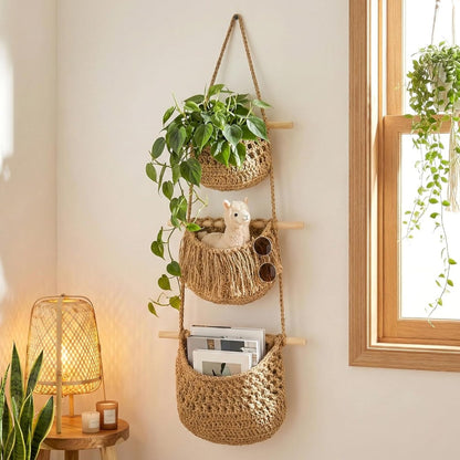Boho Chic 3-Tier Wall Hanging Storage Basket - Handwoven Rope Organizer for Fruits, Vegetables & More - Easy Install, Versatile Home Decor, Storage Basket