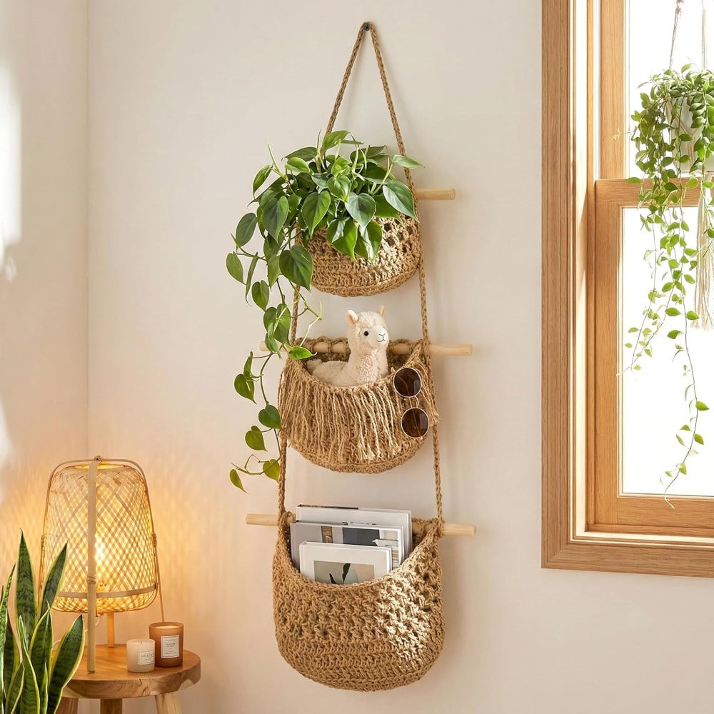 Boho Chic 3-Tier Wall Hanging Storage Basket - Handwoven Rope Organizer for Fruits, Vegetables & More - Easy Install, Versatile Home Decor, Storage Basket