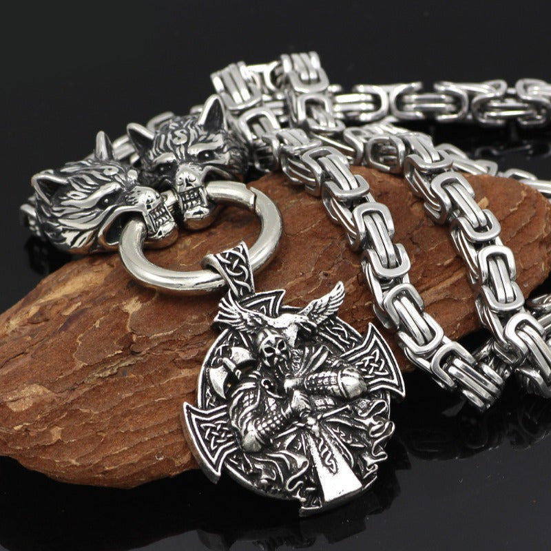 Viking Wolf Head King Chain Pendant Necklace - alternate angle 2