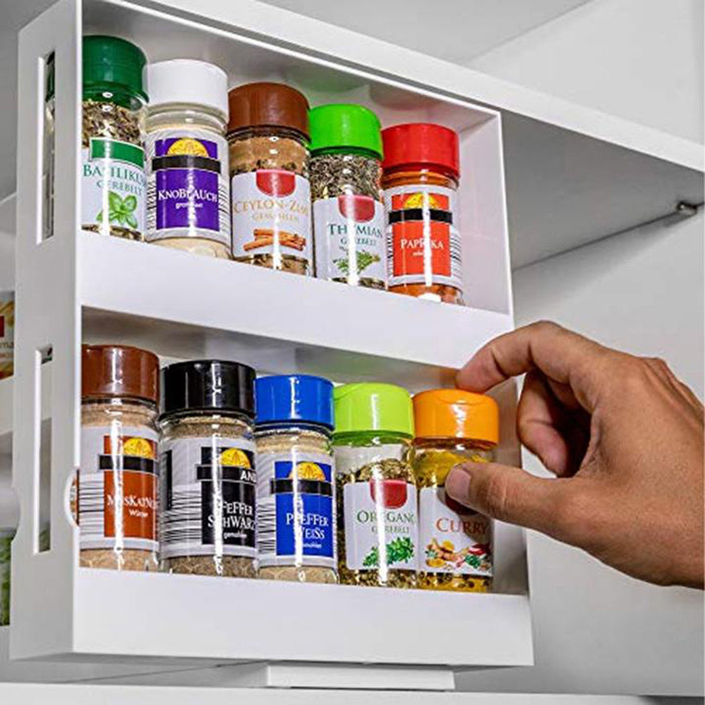 1 piece, double-layer rotating kitchen spice rack, plastic shelf, multi-purpose organizer for kitchen, pull-out cabinet and countertop storage for spice bottles and cans, space saving storage rack, white, size: 28 cm W x 10.2 cm D x 27.5 cm H