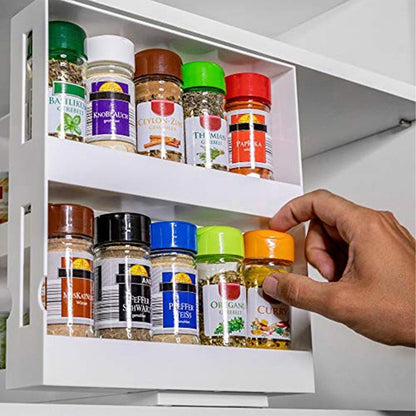 1 piece, double-layer rotating kitchen spice rack, plastic shelf, multi-purpose organizer for kitchen, pull-out cabinet and countertop storage for spice bottles and cans, space saving storage rack, white, size: 28 cm W x 10.2 cm D x 27.5 cm H