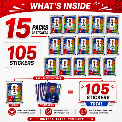 15x Fifa World Cup 2026 Sticker Packs – 7 Stickers Per Pack – a Total of 105 Stickers