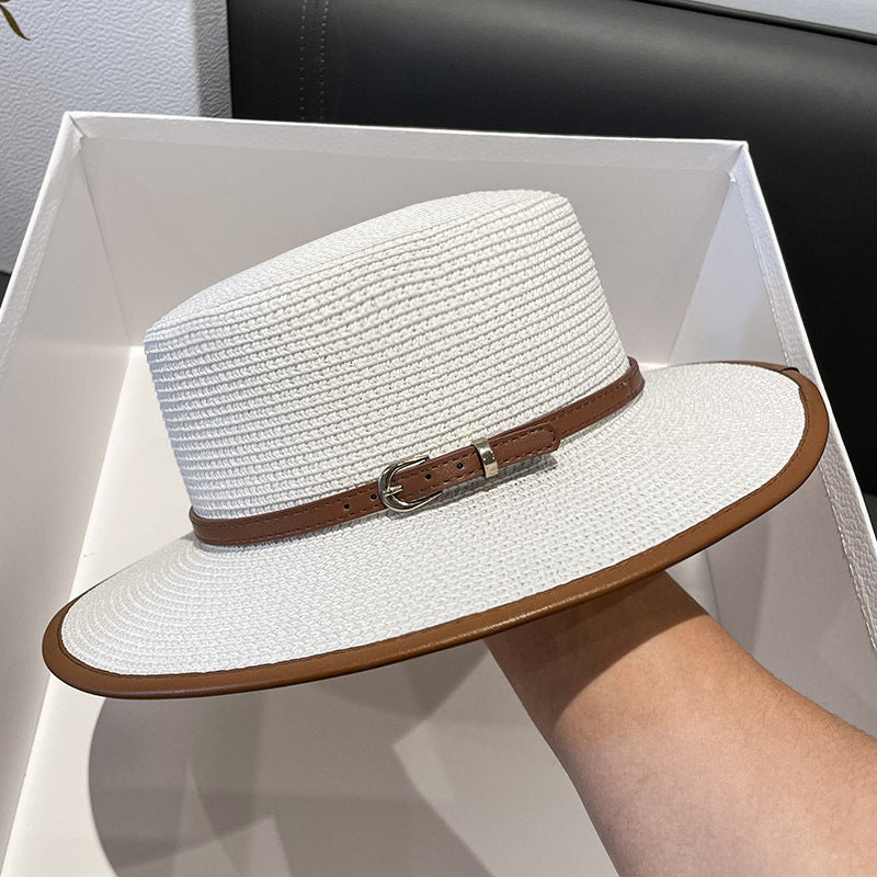 British Flat Top - Fashion Decorative Straw Hat - for Women, Summer Beach Sun Hat