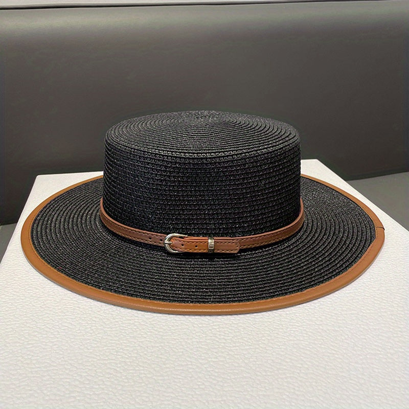 British Flat Top - Fashion Decorative Straw Hat - for Women, Summer Beach Sun Hat