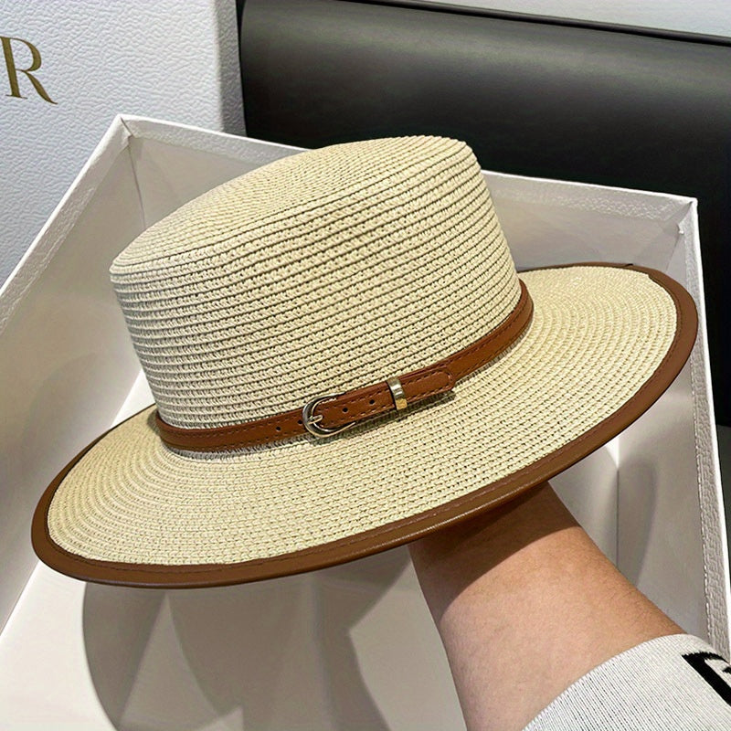British Flat Top - Fashion Decorative Straw Hat - for Women, Summer Beach Sun Hat