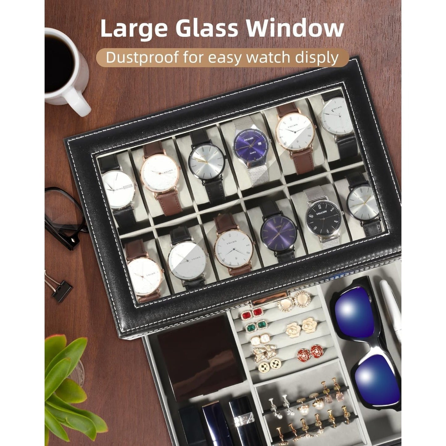 Uten Watch Box 12 Slots, 2-Tier Watch Case with Glass Lid, Watch Display Storage Box for Men and Women, Removable Watch Pillows