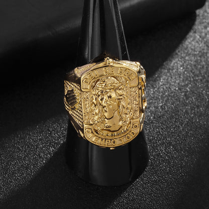Hip Hop Jesus Figure Religious Faith "FE" Letter Prayer Men's Ring, Gift for Boyfriend, Husband, Father