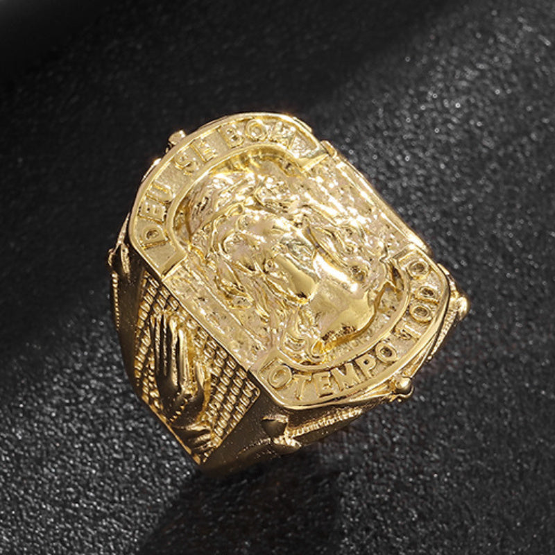 Hip Hop Jesus Figure Religious Faith "FE" Letter Prayer Men's Ring, Gift for Boyfriend, Husband, Father