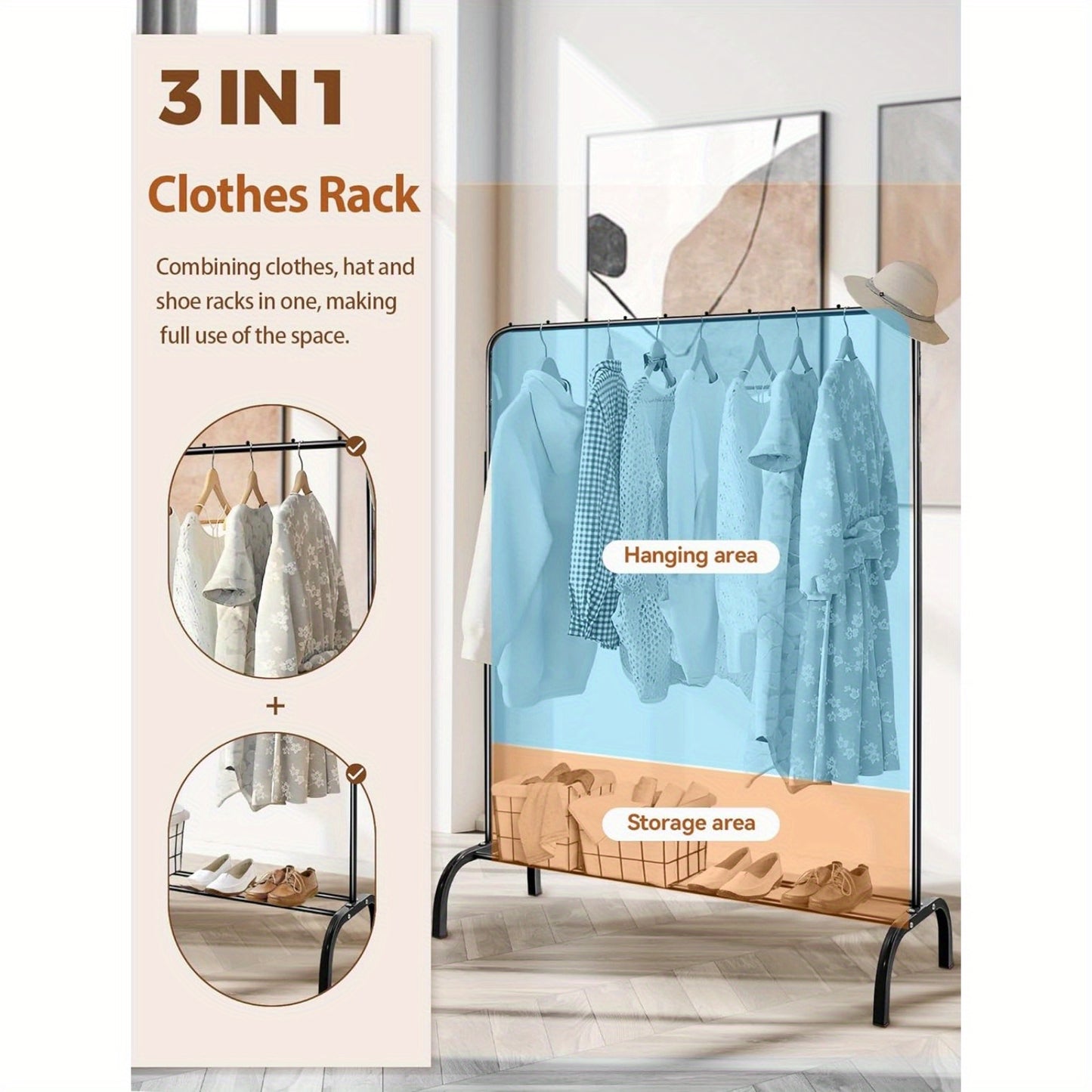 Heavy Duty Clothes Rail, Black Clothes Rail for Bedroom Hanging Rail for Clothes Coats Garment Rack with Shelf, Freestanding Clothes Rack for Dresses Skirts Shoes Hats