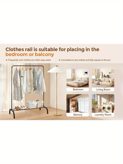 Heavy Duty Clothes Rail, Black Clothes Rail for Bedroom Hanging Rail for Clothes Coats Garment Rack with Shelf, Freestanding Clothes Rack for Dresses Skirts Shoes Hats