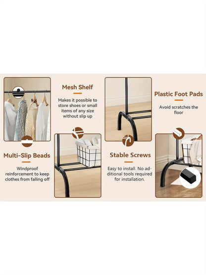 Heavy Duty Clothes Rail, Black Clothes Rail for Bedroom Hanging Rail for Clothes Coats Garment Rack with Shelf, Freestanding Clothes Rack for Dresses Skirts Shoes Hats