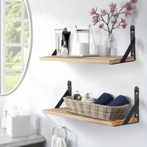 Set of 2 Floating Shelves 43.18cm Rustic Wooden Shelves Decorative Wall Shelf Brackets Storage Book Shelves for Screw Mounted Shelf Bedroom, Bathroom, Living Room, Kitchen, Home Office