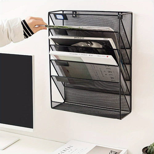 Wall File Holder Organiser Wall Mounted Magazine File Rack - 6 Tier Mesh A4 Mesh in Tray Hanging Storage Rack for Papers Letters Documents and Stationery Black