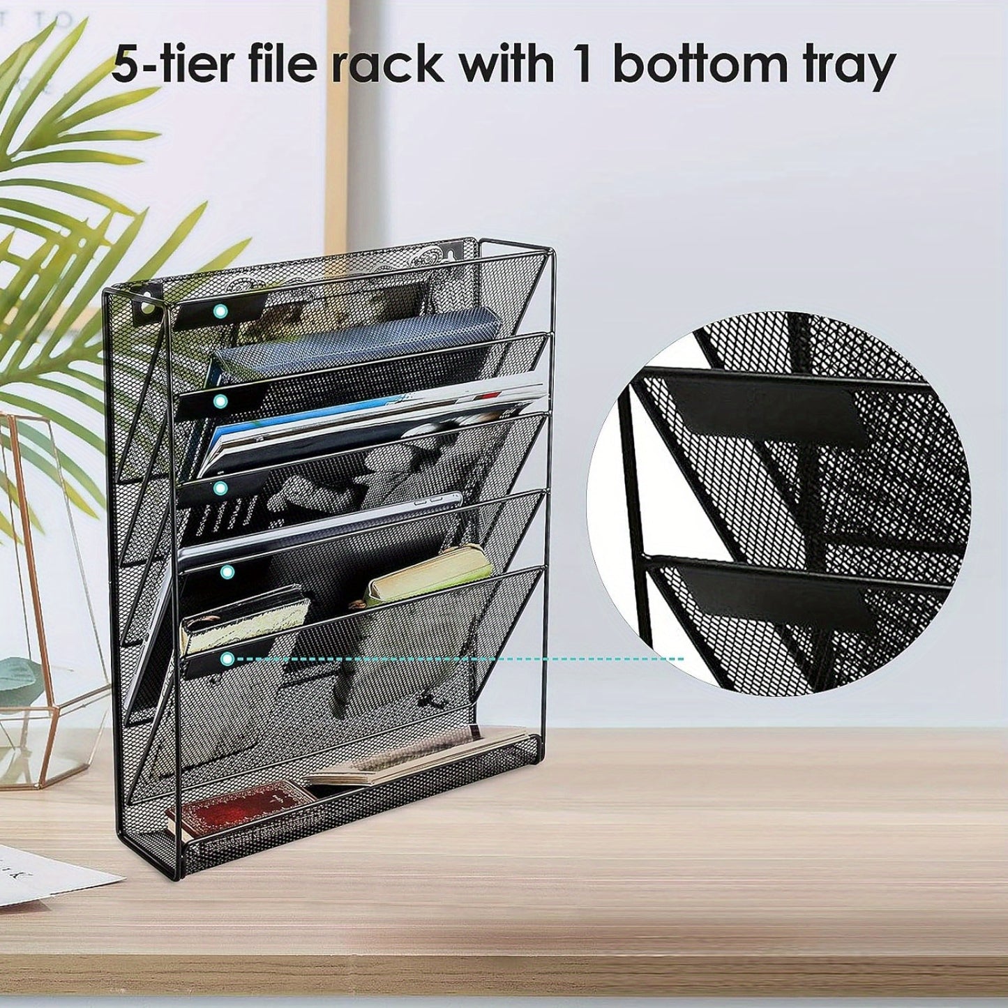 Wall File Holder Organiser Wall Mounted Magazine File Rack - 6 Tier Mesh A4 Mesh in Tray Hanging Storage Rack for Papers Letters Documents and Stationery Black