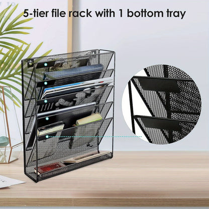 Wall File Holder Organiser Wall Mounted Magazine File Rack - 6 Tier Mesh A4 Mesh in Tray Hanging Storage Rack for Papers Letters Documents and Stationery Black