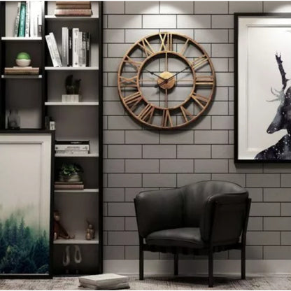 60CM Large Skeleton Metal Roman Wall Clock Big Numerals Giant Open Round Face