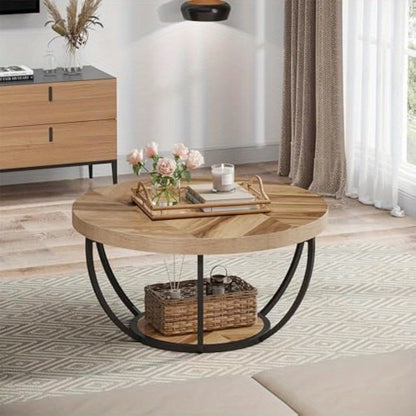 Modern Round Coffee Table with 2-Tier Storage Shelves - Space-Saving Circle Center Table Suitable for Living Room, Sofa Side Table with Open Shelving & Metal Legs, Assembly for Small Spaces, Apartments,