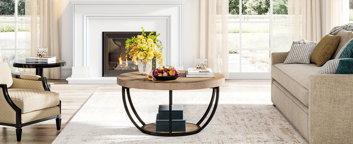 Modern Round Coffee Table with 2-Tier Storage Shelves - Space-Saving Circle Center Table Suitable for Living Room, Sofa Side Table with Open Shelving & Metal Legs, Assembly for Small Spaces, Apartments,