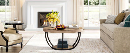 Modern Round Coffee Table with 2-Tier Storage Shelves - Space-Saving Circle Center Table Suitable for Living Room, Sofa Side Table with Open Shelving & Metal Legs, Assembly for Small Spaces, Apartments,