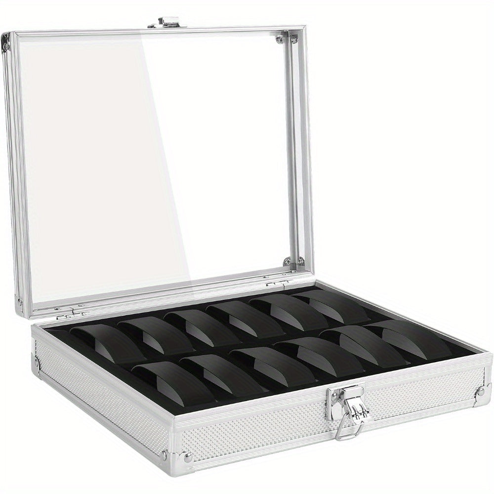 Watch Box with 12 Slots Watch Display Storage Case Aluminium Watch Case with Removable Watch Cushion Display Lid Velvet Lining Metal Clasp for Men Women (Silvery)