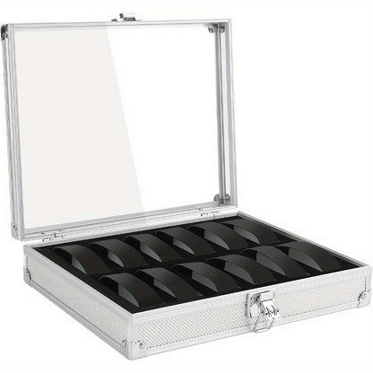 Watch Box with 12 Slots Watch Display Storage Case Aluminium Watch Case with Removable Watch Cushion Display Lid Velvet Lining Metal Clasp for Men Women (Silvery)