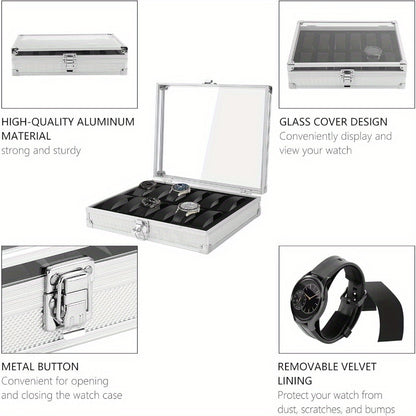 Watch Box with 12 Slots Watch Display Storage Case Aluminium Watch Case with Removable Watch Cushion Display Lid Velvet Lining Metal Clasp for Men Women (Silvery)