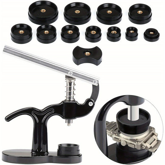 13pcs Watch Press Set Vanadium Steel Watch Battery Replacement Kit Watchmaker Watch Repair Tool Kit Watch Back Case Closer with 12 Press Plates