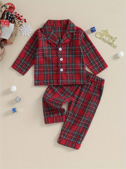 Kids Christmas Set - Red & Plaid Button-Up Long Sleeve Shirt & Elastic Pants, Cozy Winter Outfit with Snap Closure, Soft Fabric for Holiday Parties, for Outdoor