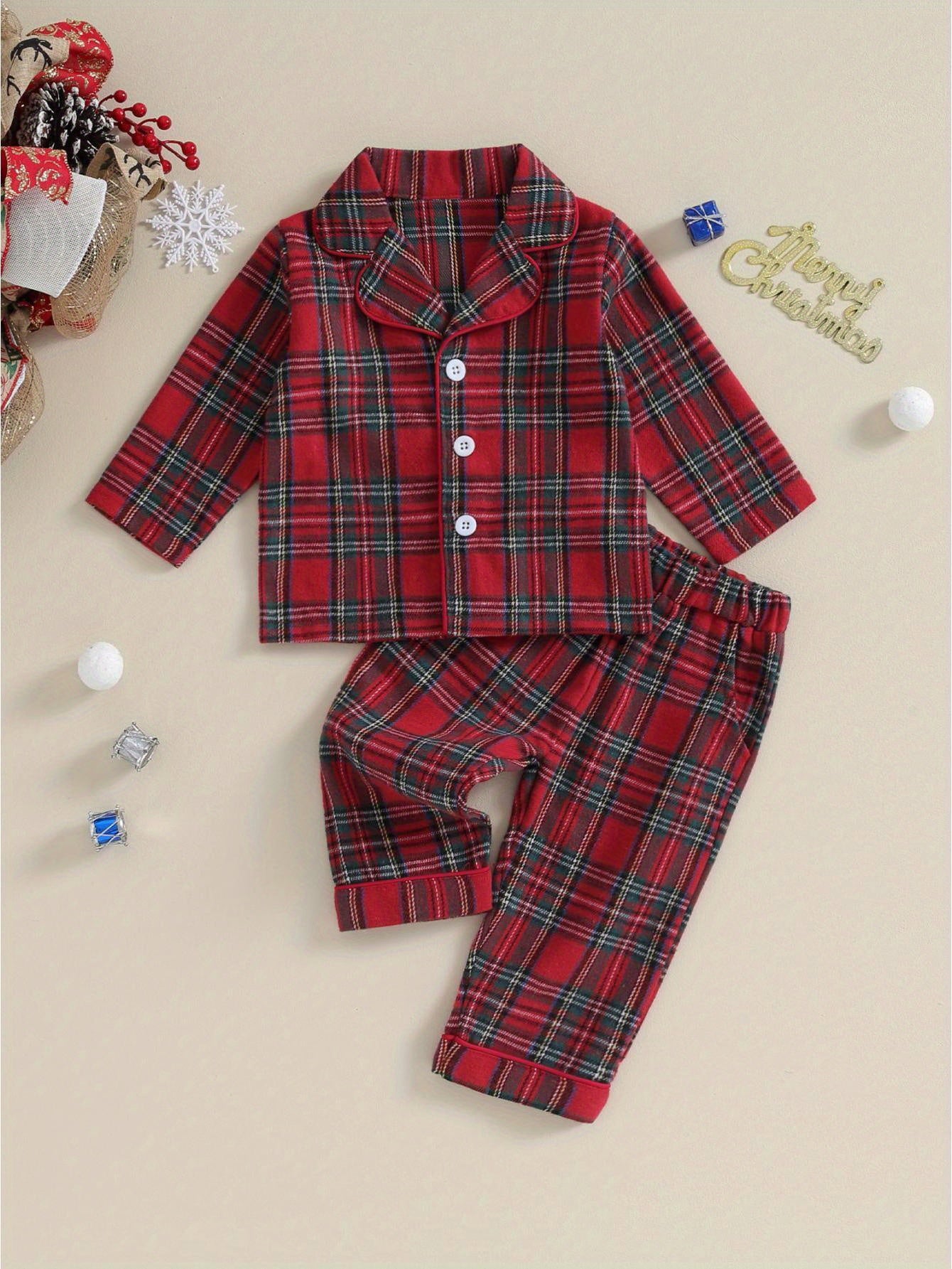 Kids Christmas Set - Red & Plaid Button-Up Long Sleeve Shirt & Elastic Pants, Cozy Winter Outfit with Snap Closure, Soft Fabric for Holiday Parties, for Outdoor