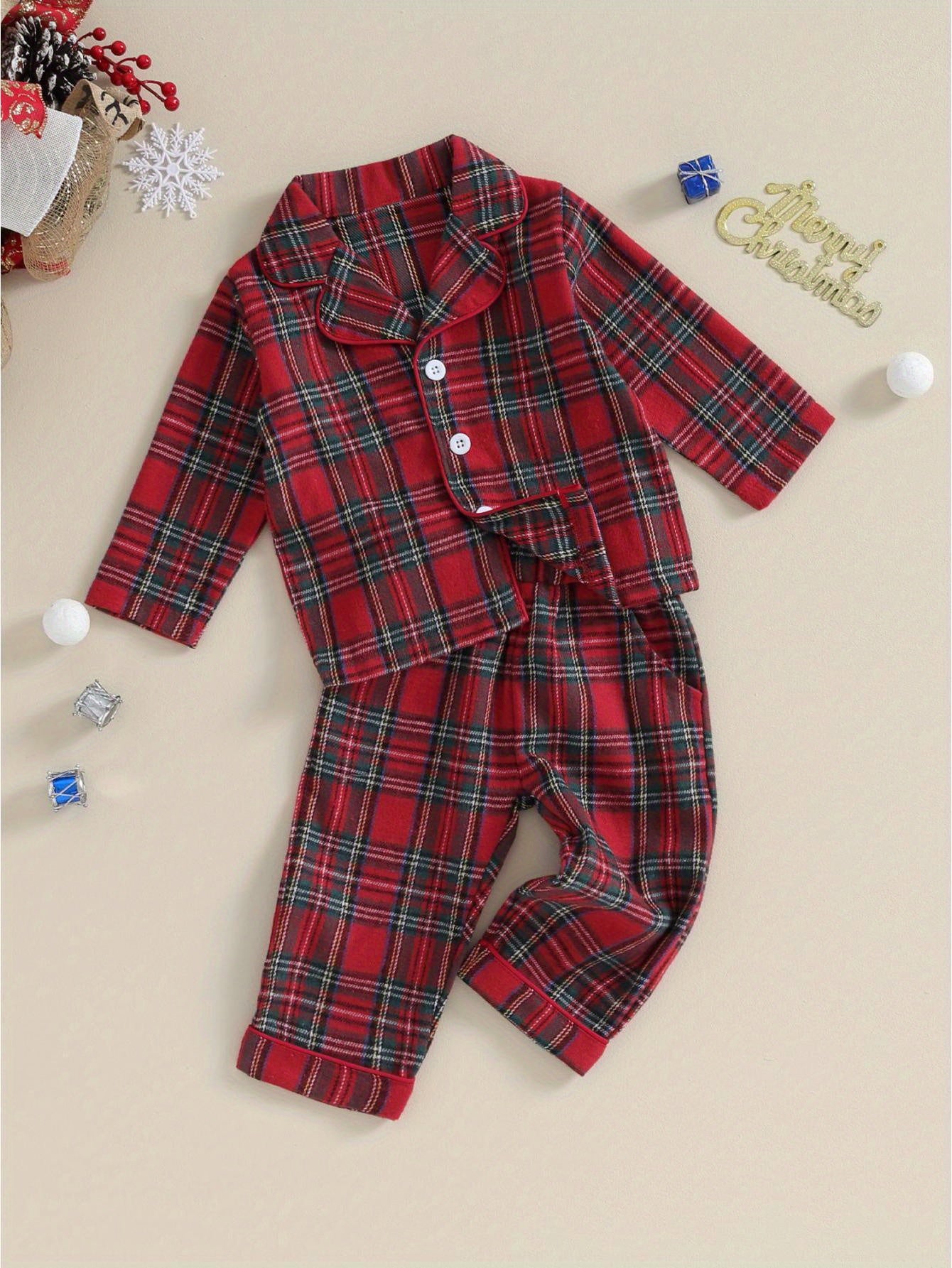 Kids Christmas Set - Red & Plaid Button-Up Long Sleeve Shirt & Elastic Pants, Cozy Winter Outfit with Snap Closure, Soft Fabric for Holiday Parties, for Outdoor