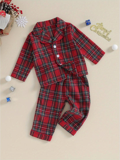 Kids Christmas Set - Red & Plaid Button-Up Long Sleeve Shirt & Elastic Pants, Cozy Winter Outfit with Snap Closure, Soft Fabric for Holiday Parties, for Outdoor