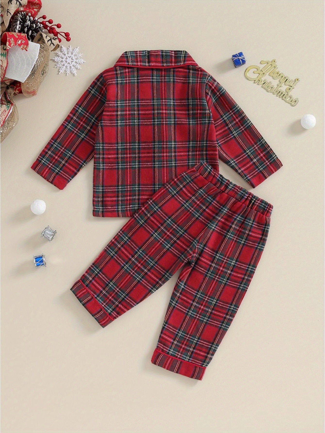 Kids Christmas Set - Red & Plaid Button-Up Long Sleeve Shirt & Elastic Pants, Cozy Winter Outfit with Snap Closure, Soft Fabric for Holiday Parties, for Outdoor