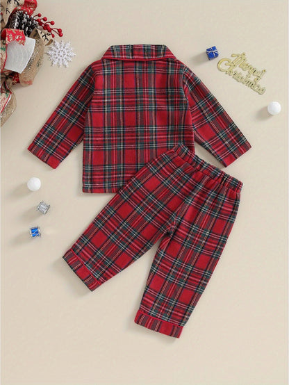 Kids Christmas Set - Red & Plaid Button-Up Long Sleeve Shirt & Elastic Pants, Cozy Winter Outfit with Snap Closure, Soft Fabric for Holiday Parties, for Outdoor