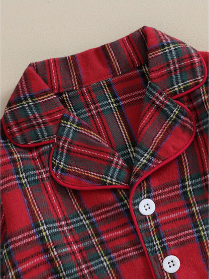 Kids Christmas Set - Red & Plaid Button-Up Long Sleeve Shirt & Elastic Pants, Cozy Winter Outfit with Snap Closure, Soft Fabric for Holiday Parties, for Outdoor